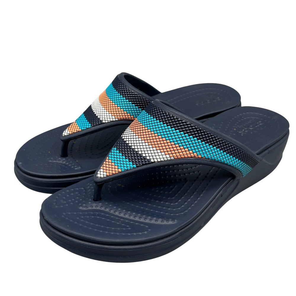 Crocs Monterey Strappy Wedge Flip Flop Womens 9 Multi Color Stripe Summer Casual